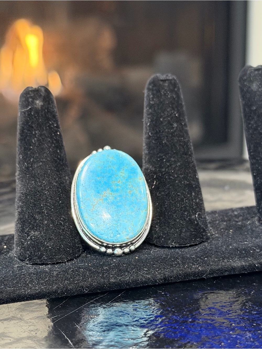 Fire King Turquoise Oval Sterling Silver Ring - Bright Blue